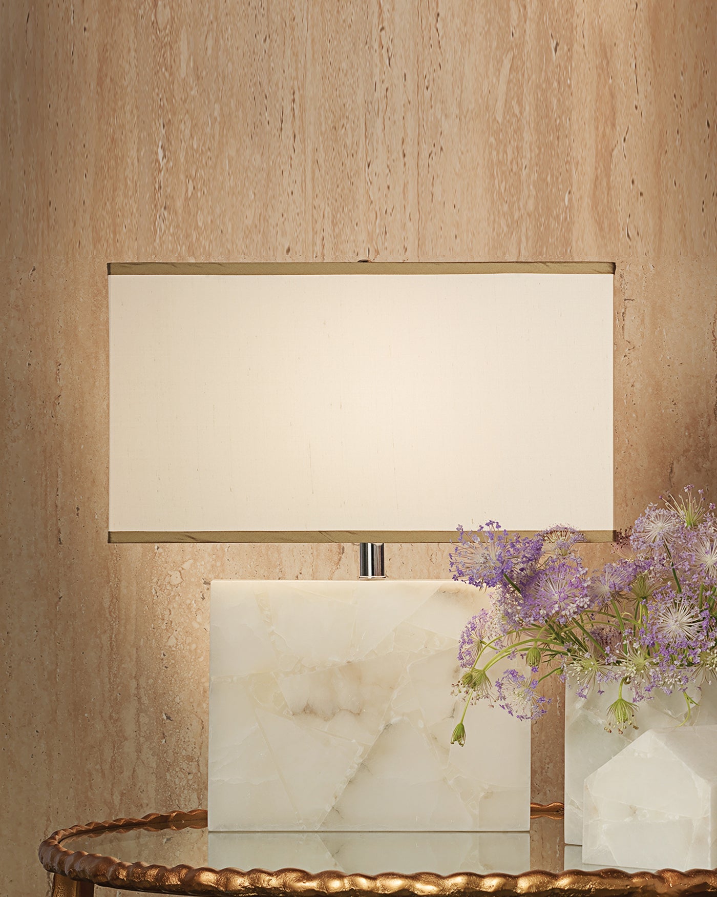 Borealis Table Lamp in White Alabaster With Large Rectangular Shade in Stone Linen