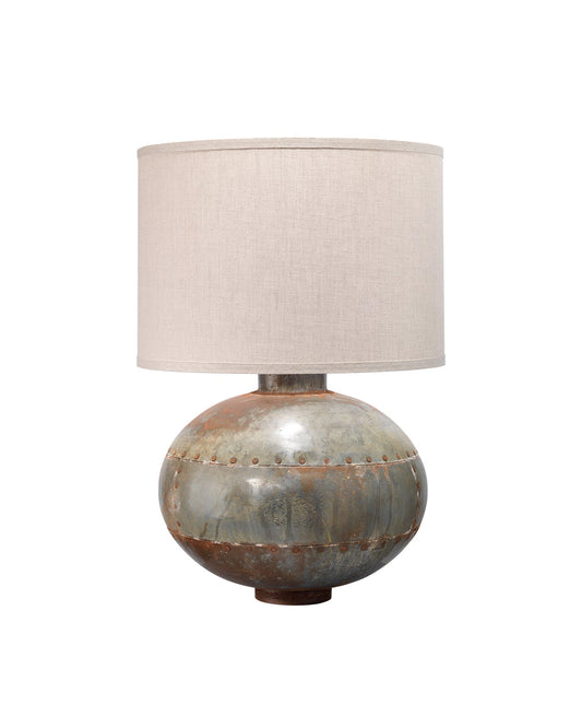 Caisson Table Lamp in Gun Metal With Classic Drum Shade in Natural Linen