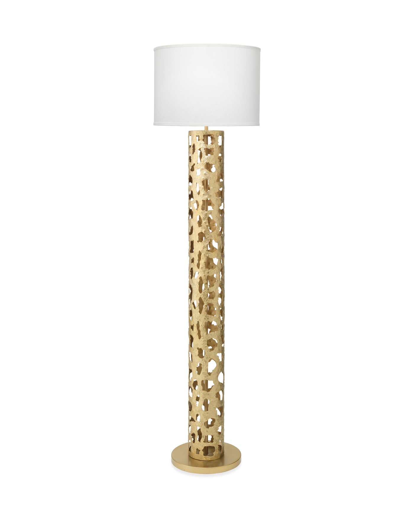 Firenze Floor Lamp in Soft Antique Gold Leaf Metal With White Linen Drum Shade