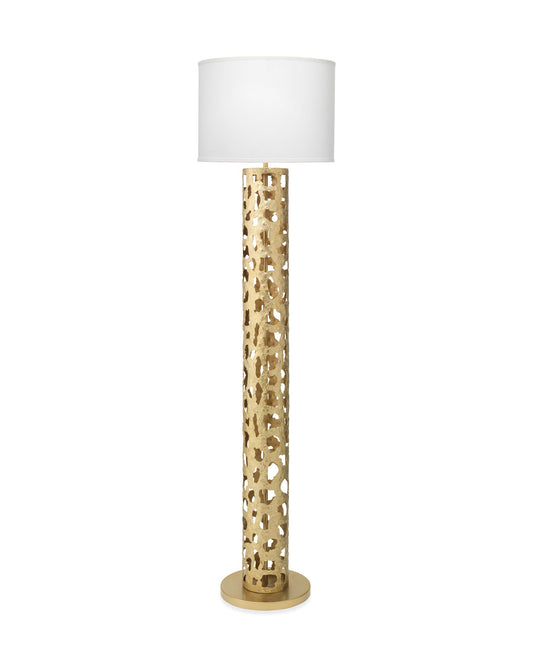 Firenze Floor Lamp in Soft Antique Gold Leaf Metal With White Linen Drum Shade