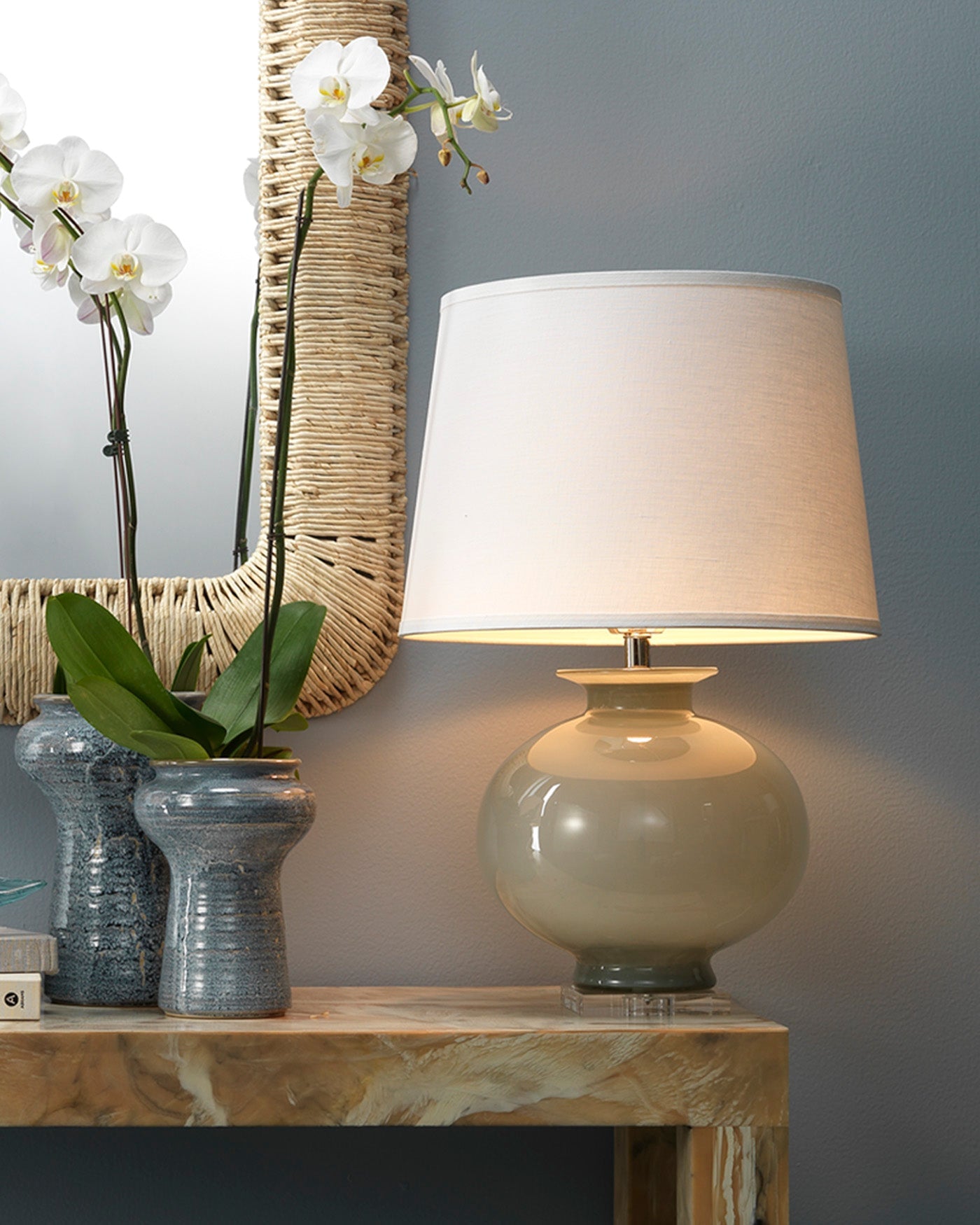 Heirloom Table Lamp in Cornflower Blue Glass With Large Open Cone Shade in White Linen
