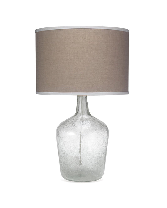 Plum Jar Table Lamp, Medium in Clear Seeded Glass With Classic Drum Shade in Natural Linen With White
Linen Trim