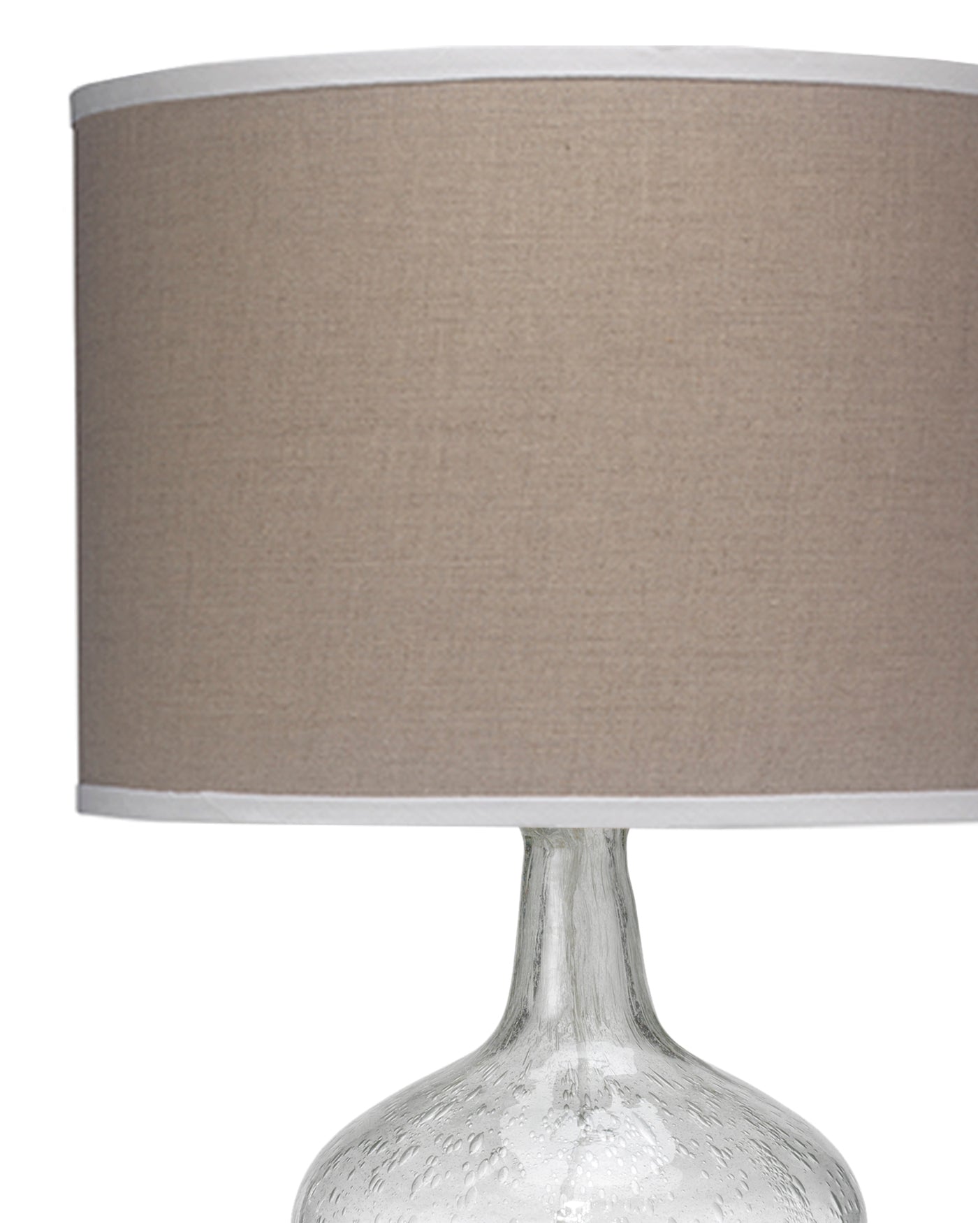Plum Jar Table Lamp, Medium in Clear Seeded Glass With Classic Drum Shade in Natural Linen With White
Linen Trim