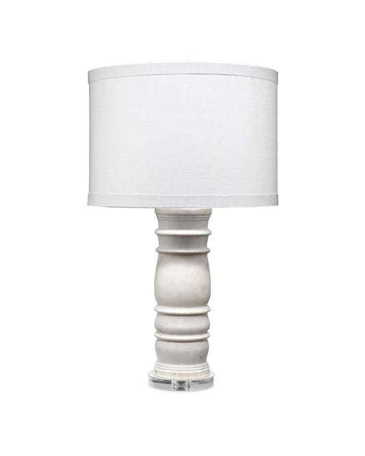 Monument Table Lamp in White Marble With a Drum Shade in White Linen