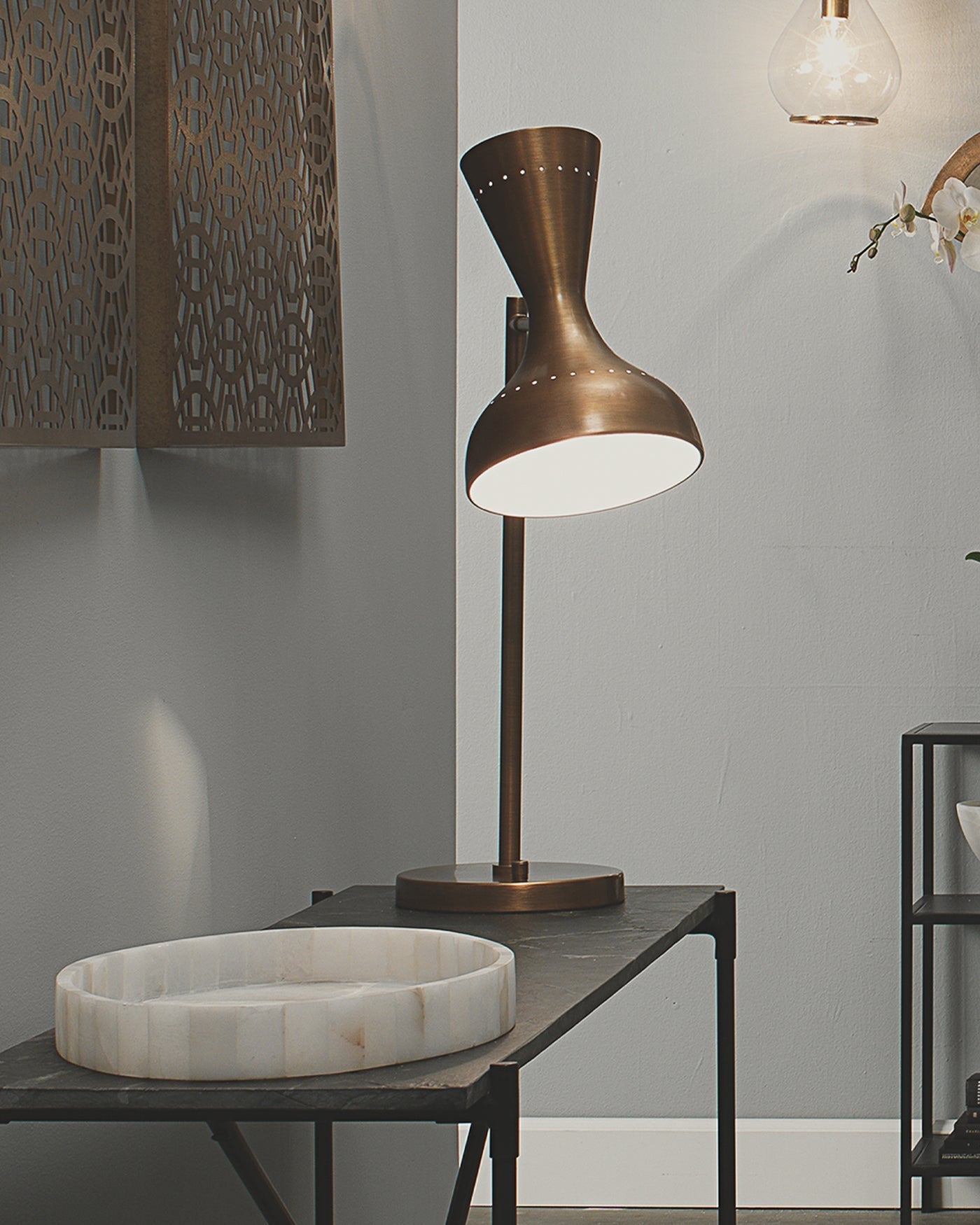 Pisa Swing Arm Table Lamp in Antique Brass Metal
