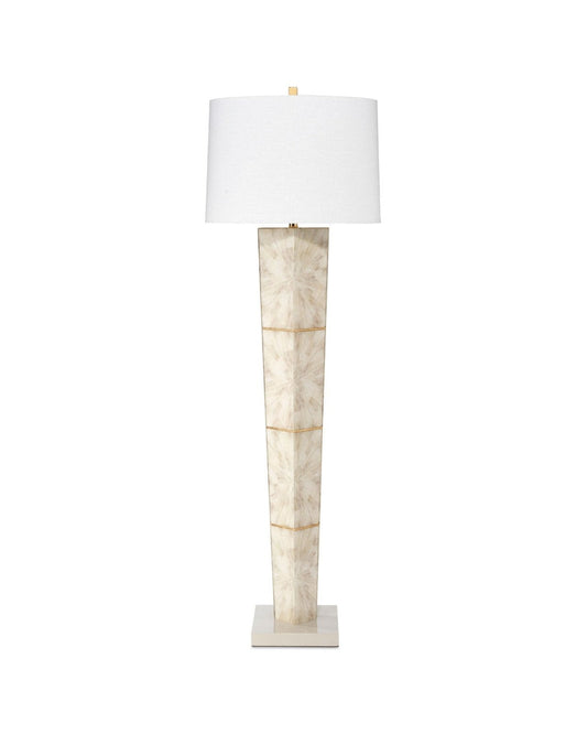 Spectacle Floor Lamp in Horn Lacquer With Gold Leaf Accents With a Tapered Shade in White Linen