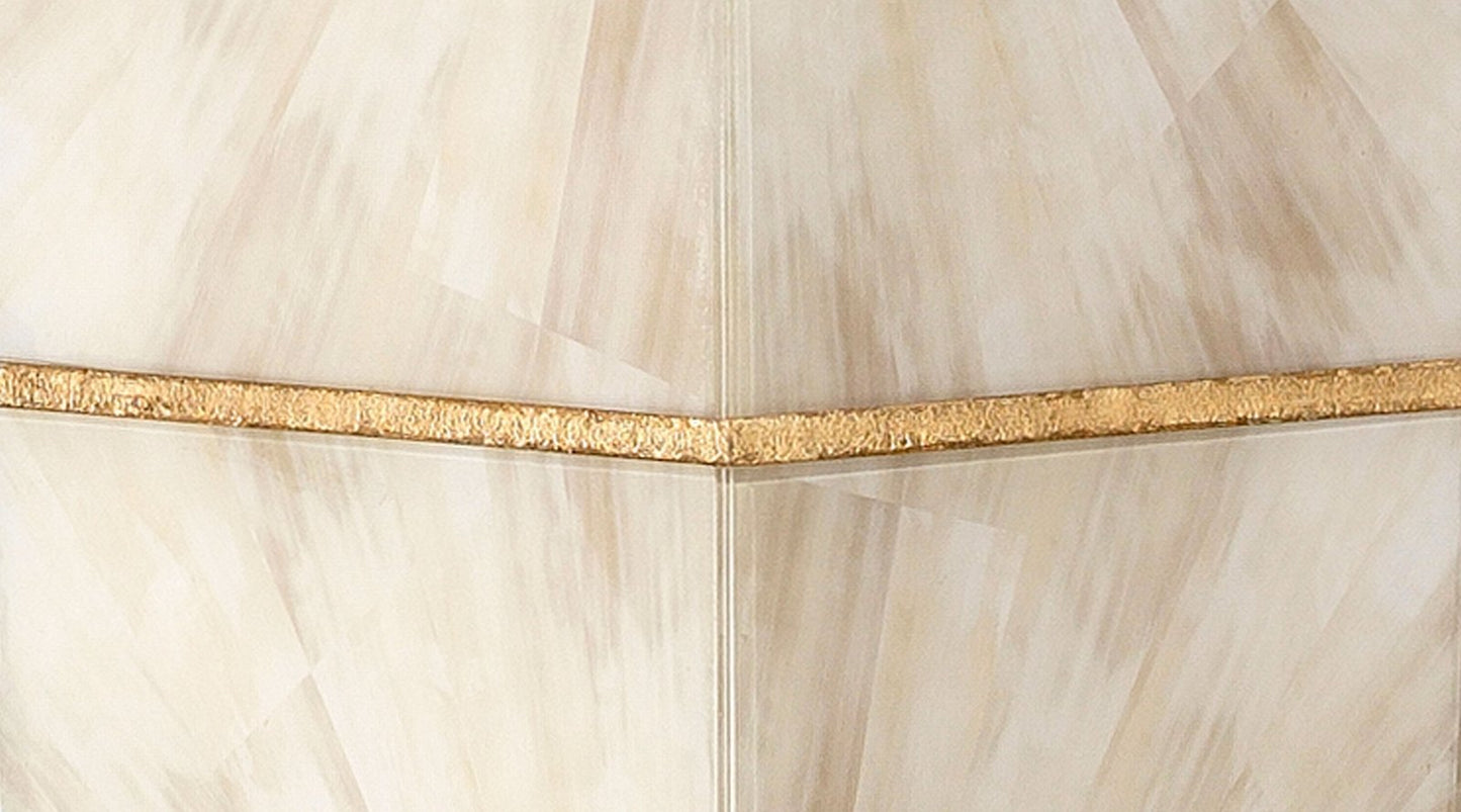Spectacle Floor Lamp in Horn Lacquer With Gold Leaf Accents With a Tapered Shade in White Linen