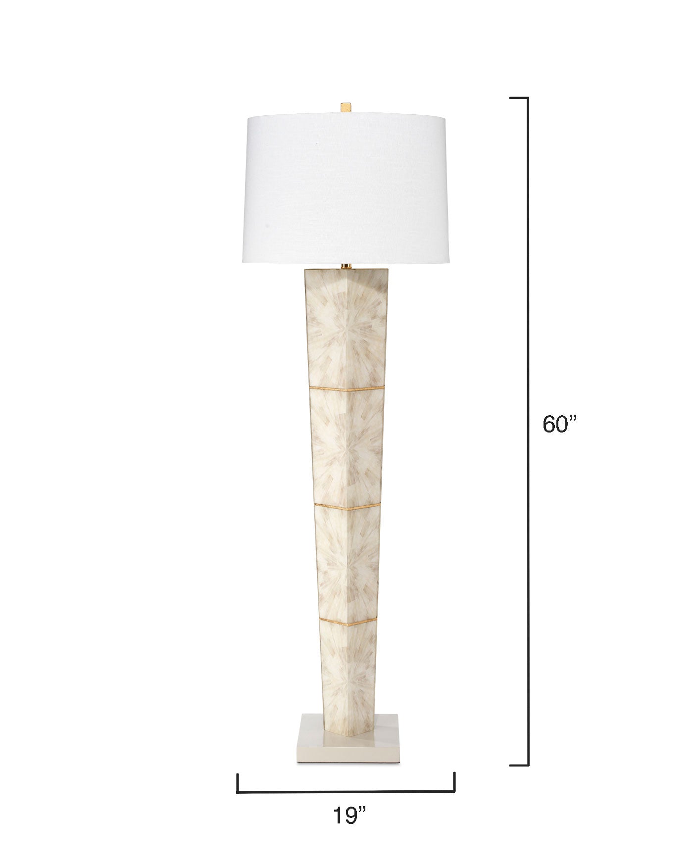 Spectacle Floor Lamp in Horn Lacquer With Gold Leaf Accents With a Tapered Shade in White Linen