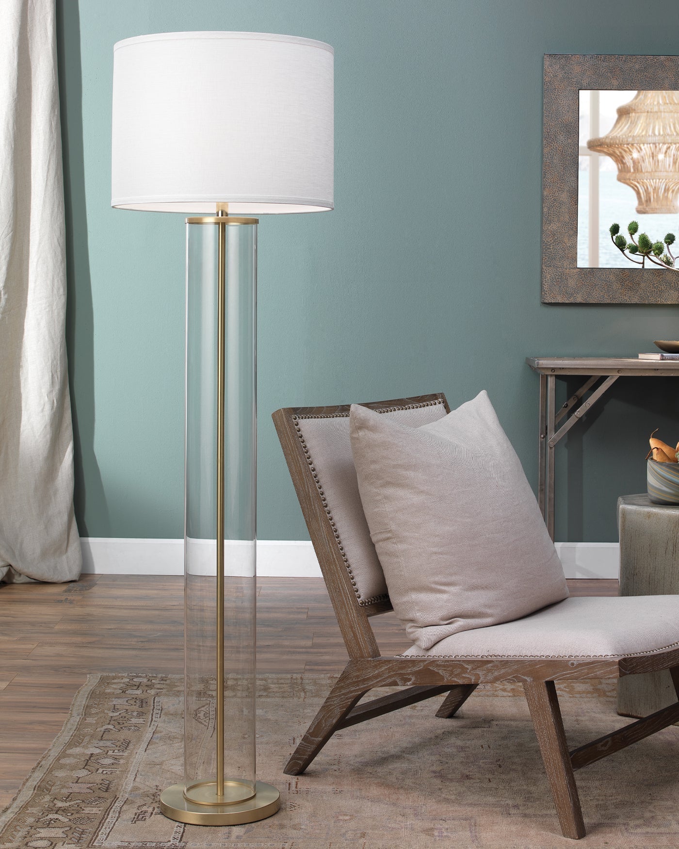 Vanderbilt Floor Lamp in Brass With Large Drum Shade in White Linen
