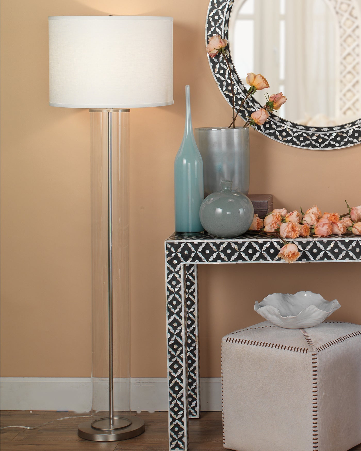 Vanderbilt Floor Lamp in Nickel With Large Drum Shade in White Linen