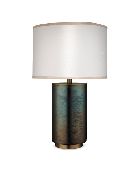 Vapor Table Lamp, Medium in Midnight glass With Medium Drum Shade in Cream Faux Silk With Taupe Silk
Trim