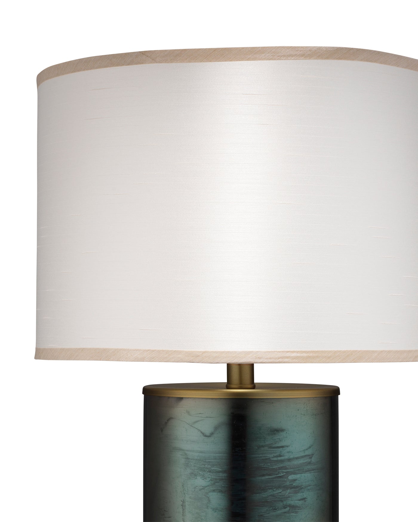 Vapor Table Lamp, Medium in Midnight glass With Medium Drum Shade in Cream Faux Silk With Taupe Silk
Trim
