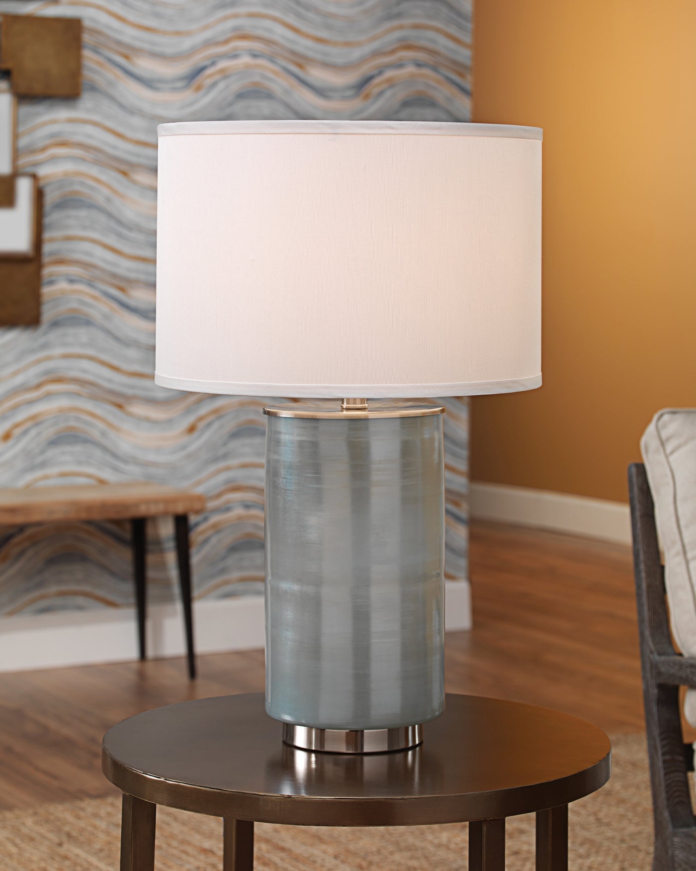Vapor Table Lamp, Medium in Opal glass With Medium Drum Shade in White Linen