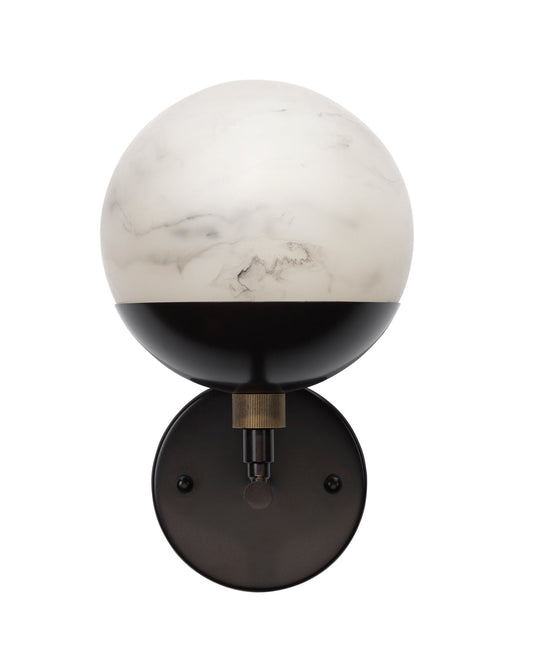 Metro Wall Sconce in Faux White Alabaster and Oil Rubbed Bronze, with Antique Brass Accents