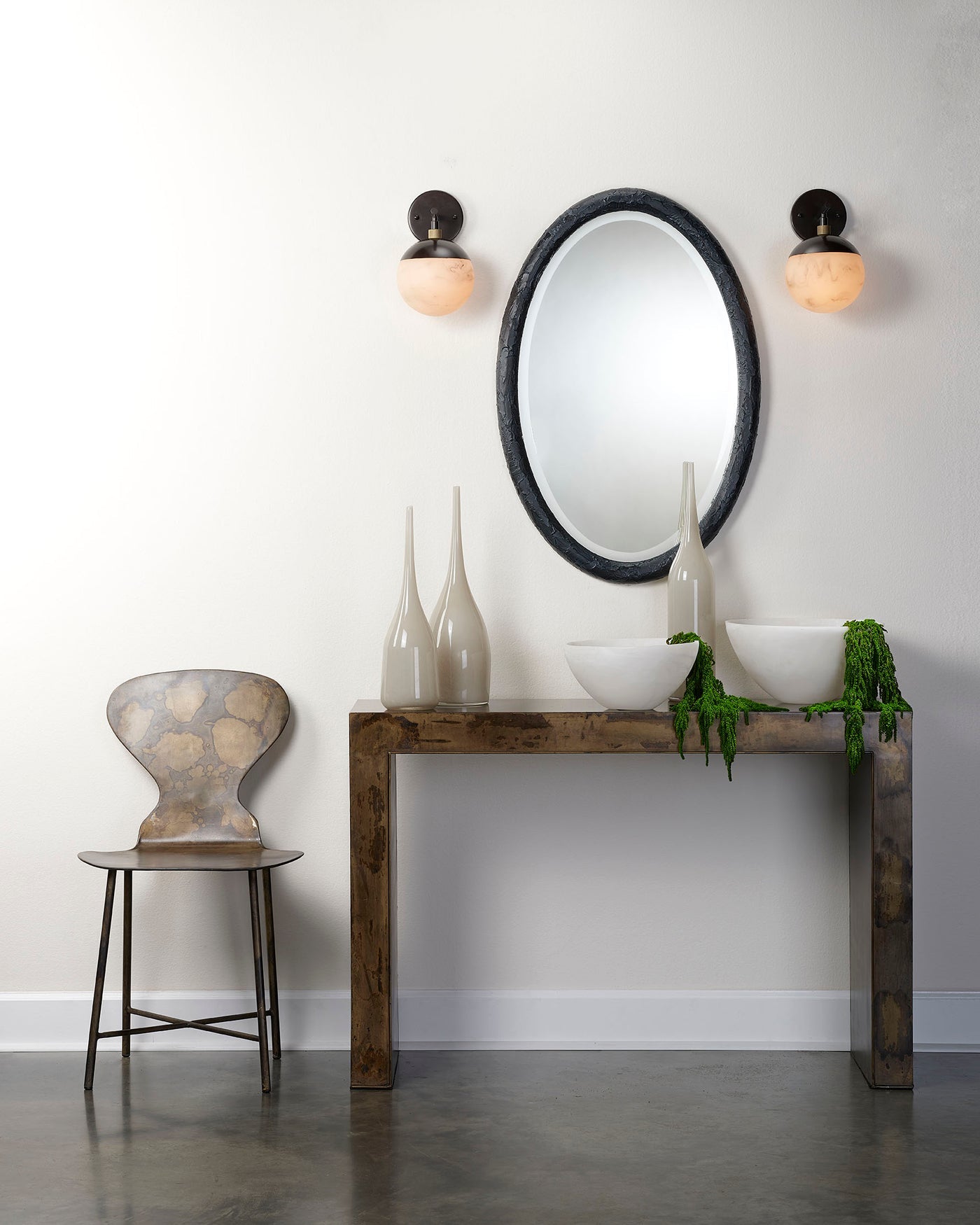 Metro Wall Sconce in Faux White Alabaster and Oil Rubbed Bronze, with Antique Brass Accents