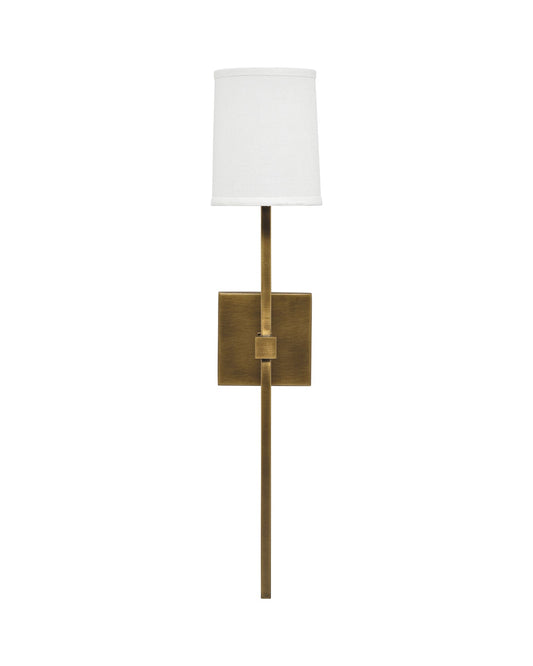 Minerva Wall Sconce in Antique Brass With White Linen Shade
