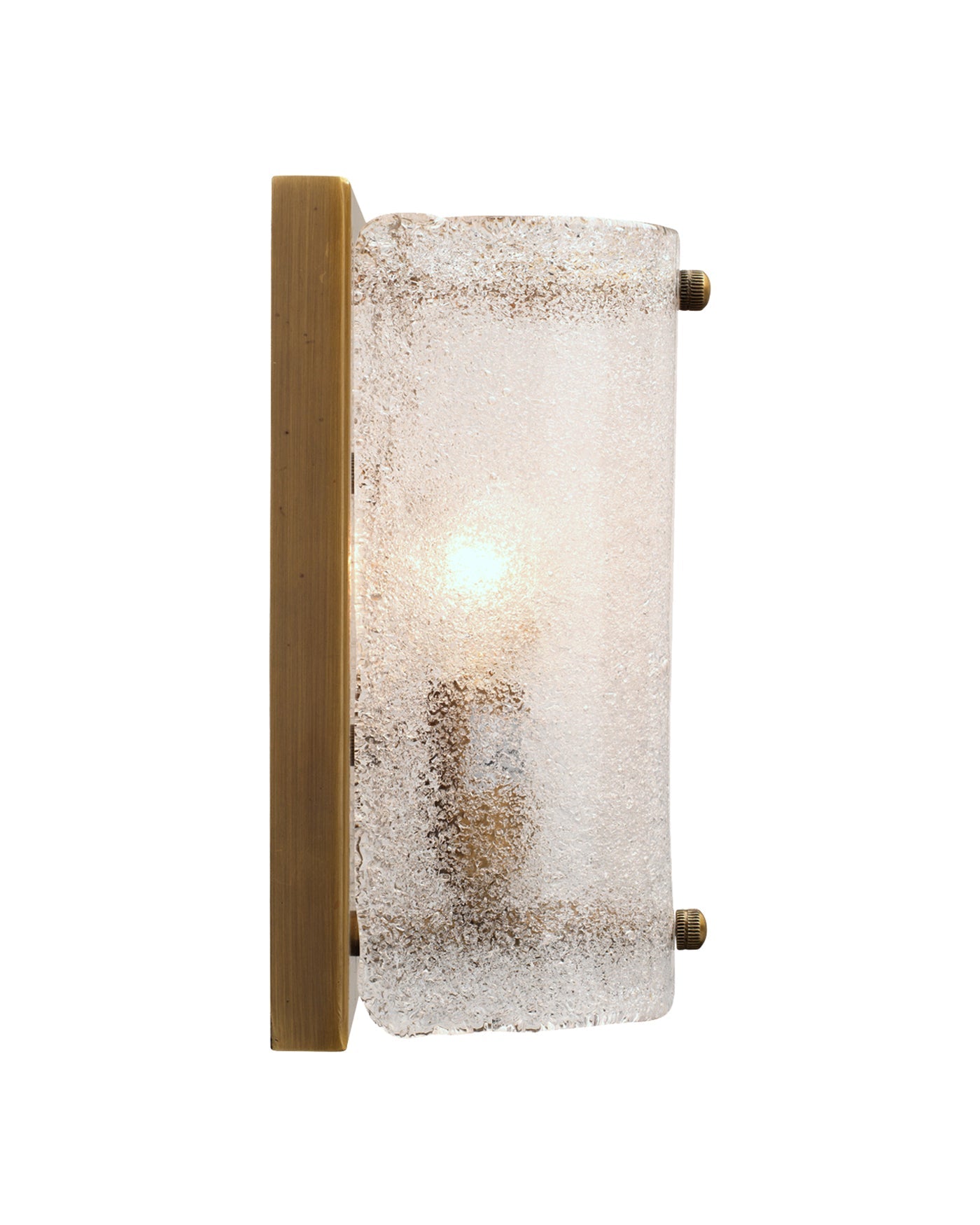 Moet Rounded Sconce in Textured Melted Ice Glass & Antique Brass Metal