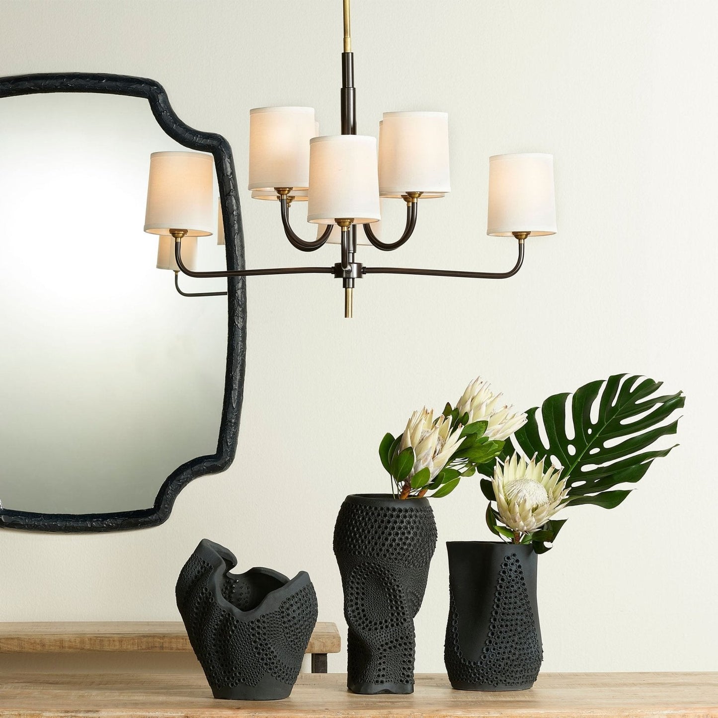 Lawton 8 Light Chandelier in Antique Brass With White Linen Shades