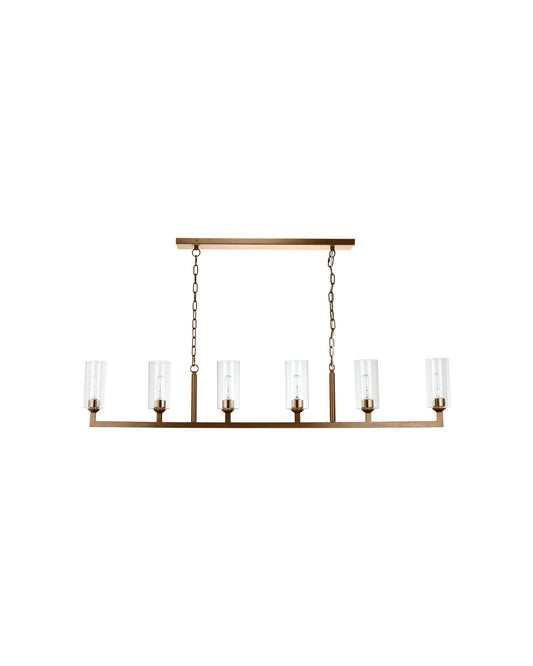 Linear 6 Light Chandelier in Antique Brass & Clear Glass