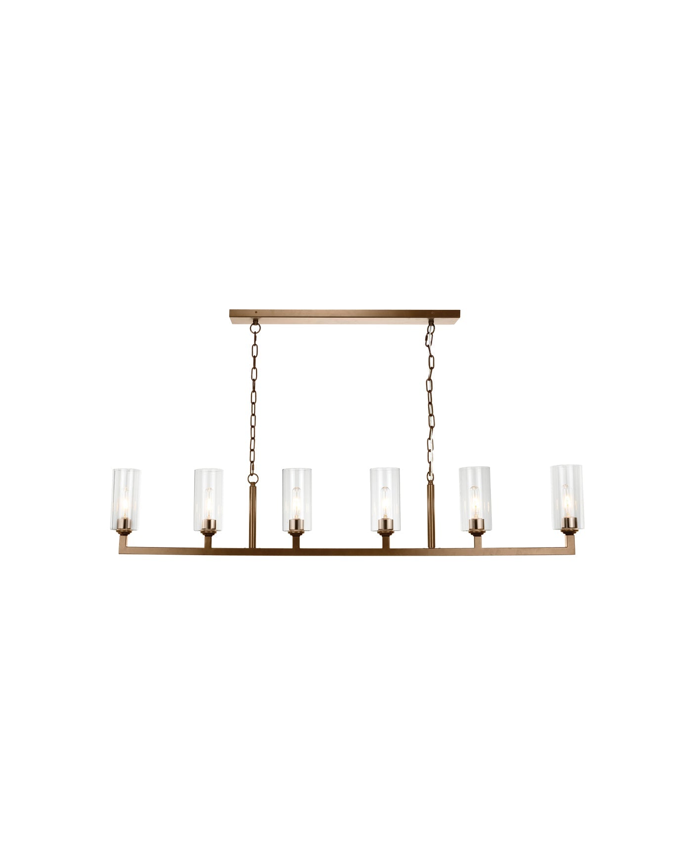 Linear 6 Light Chandelier in Antique Brass & Clear Glass
