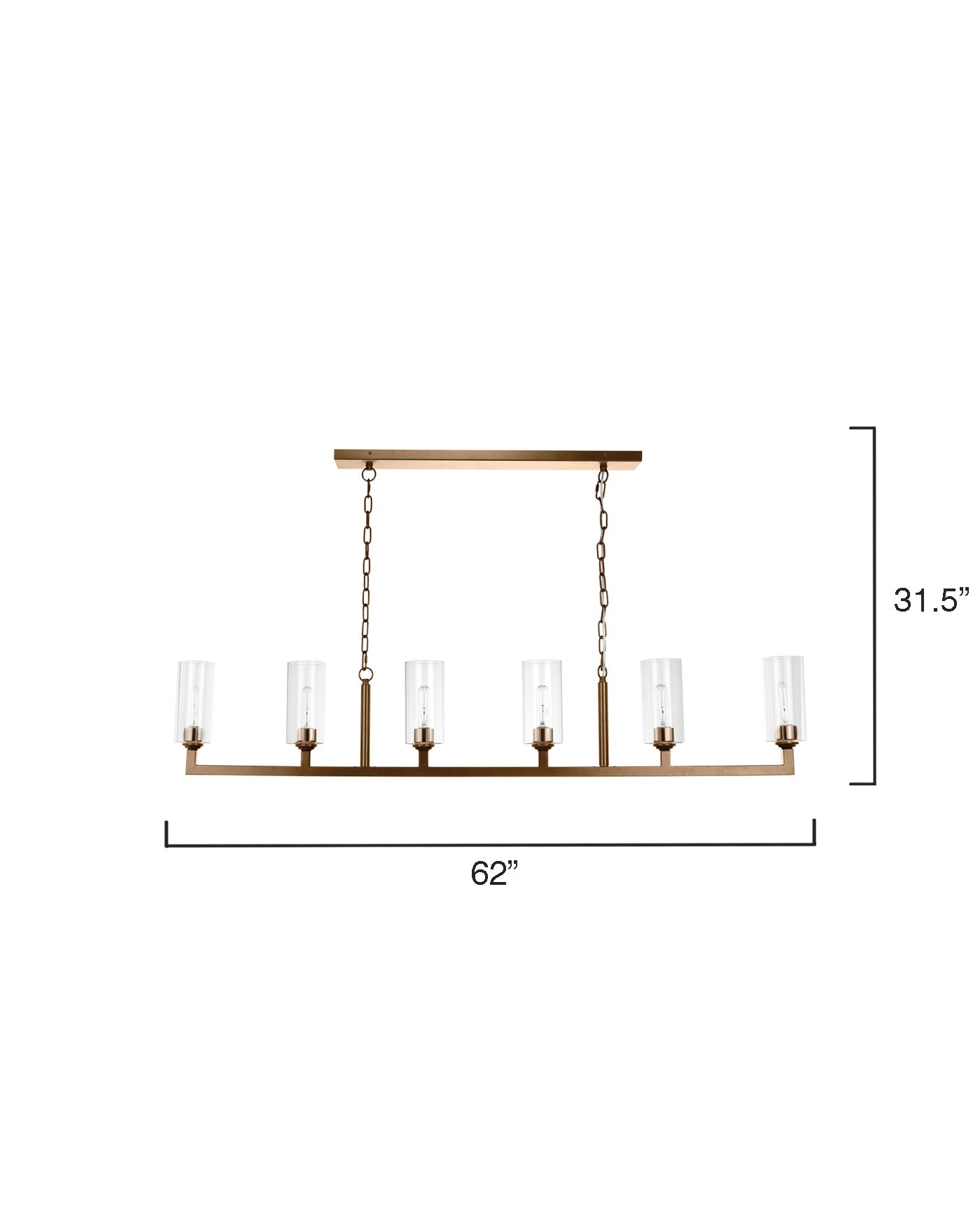 Linear 6 Light Chandelier in Antique Brass & Clear Glass