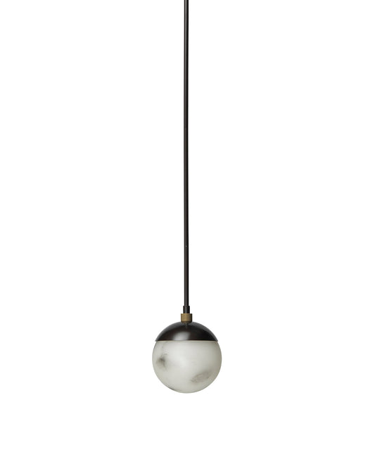Metro Dome Shade Pendant in Faux White Alabaster and Oil Rubbed Bronze, with Antique Brass Accents