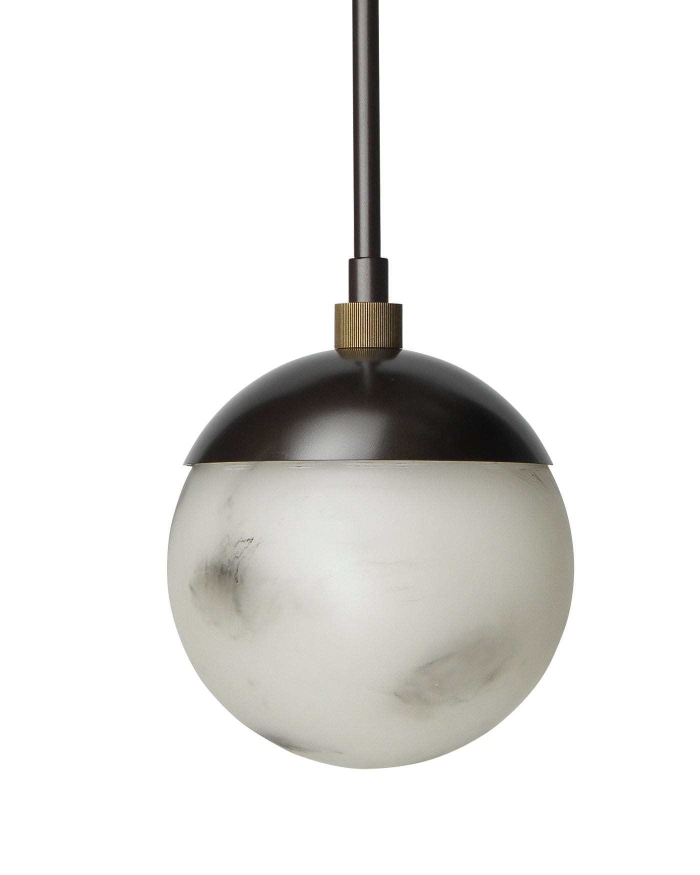 Metro Dome Shade Pendant in Faux White Alabaster and Oil Rubbed Bronze, with Antique Brass Accents