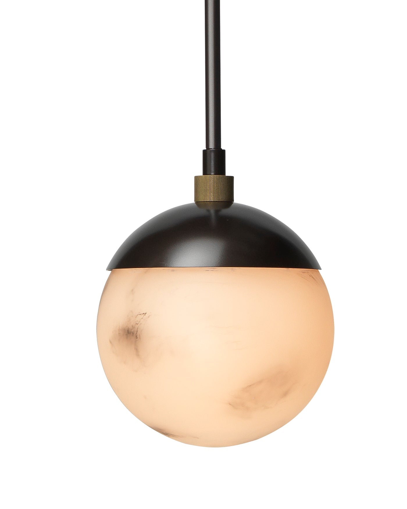 Metro Dome Shade Pendant in Faux White Alabaster and Oil Rubbed Bronze, with Antique Brass Accents