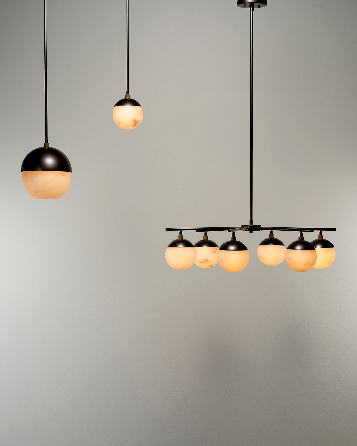 Metro Pendant in Faux White Alabaster and Oil Rubbed Bronze, with Antique Brass Accents
