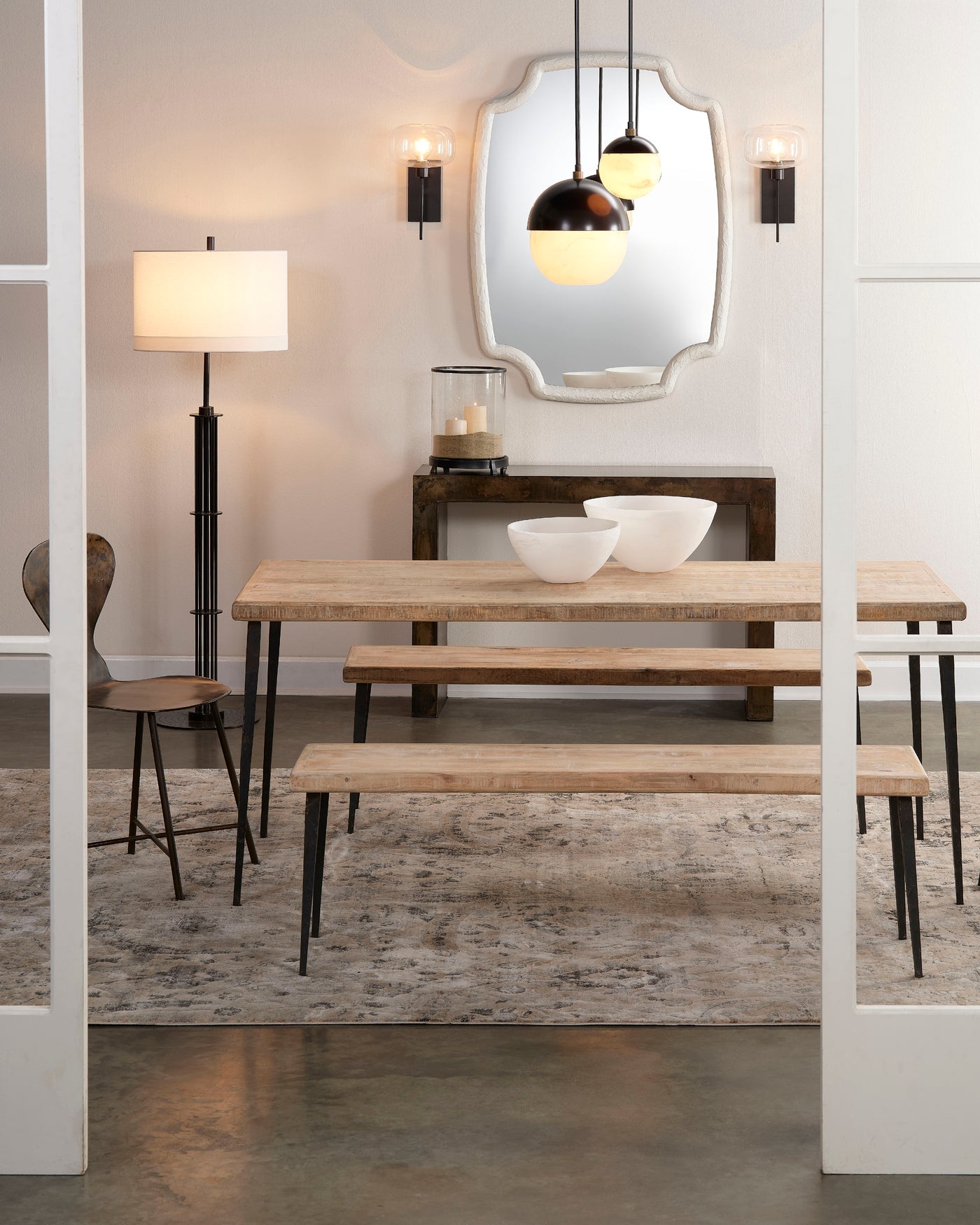 Metro Pendant in Faux White Alabaster and Oil Rubbed Bronze, with Antique Brass Accents