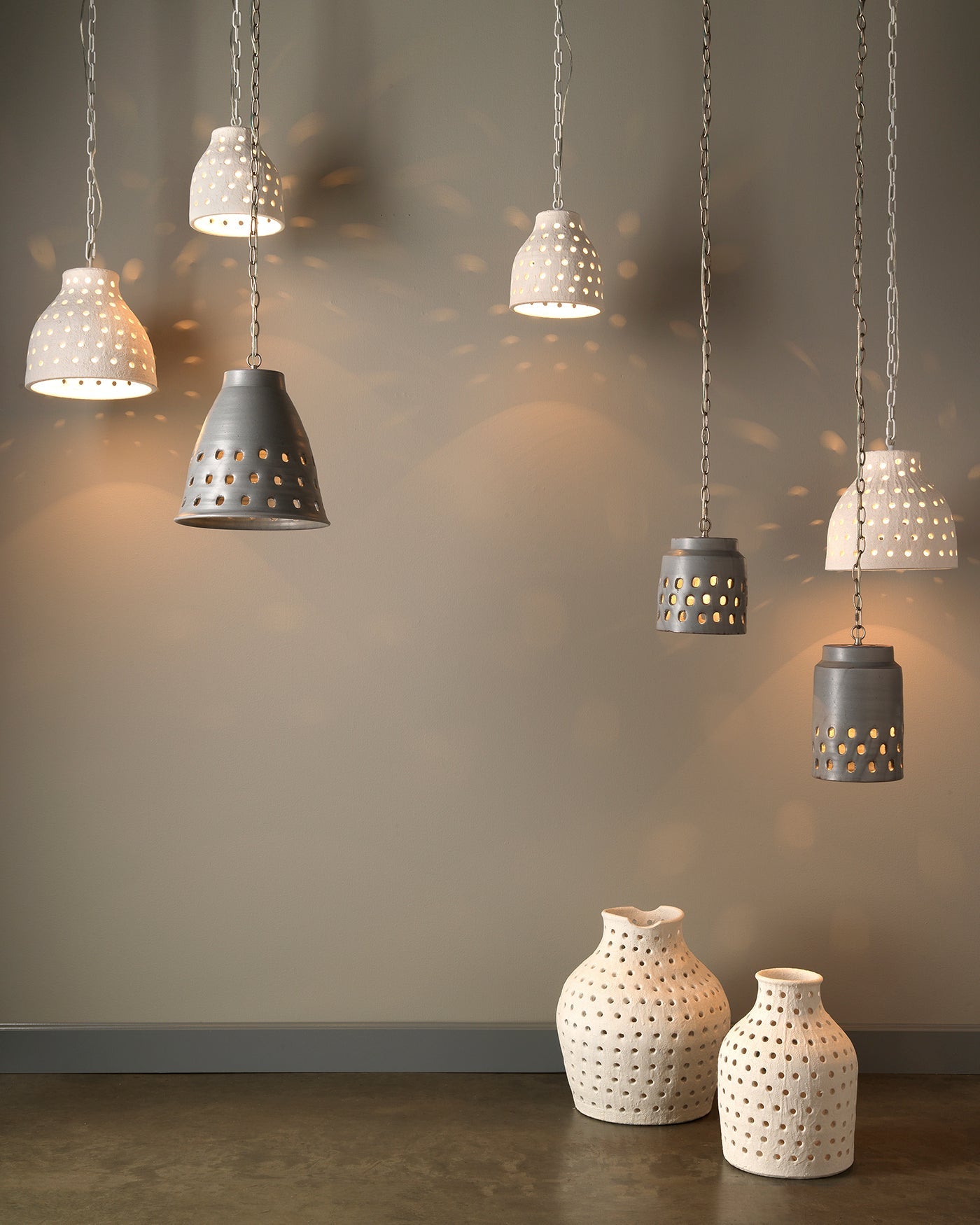 Tapered Perforated Pendant in Grey Ceramic