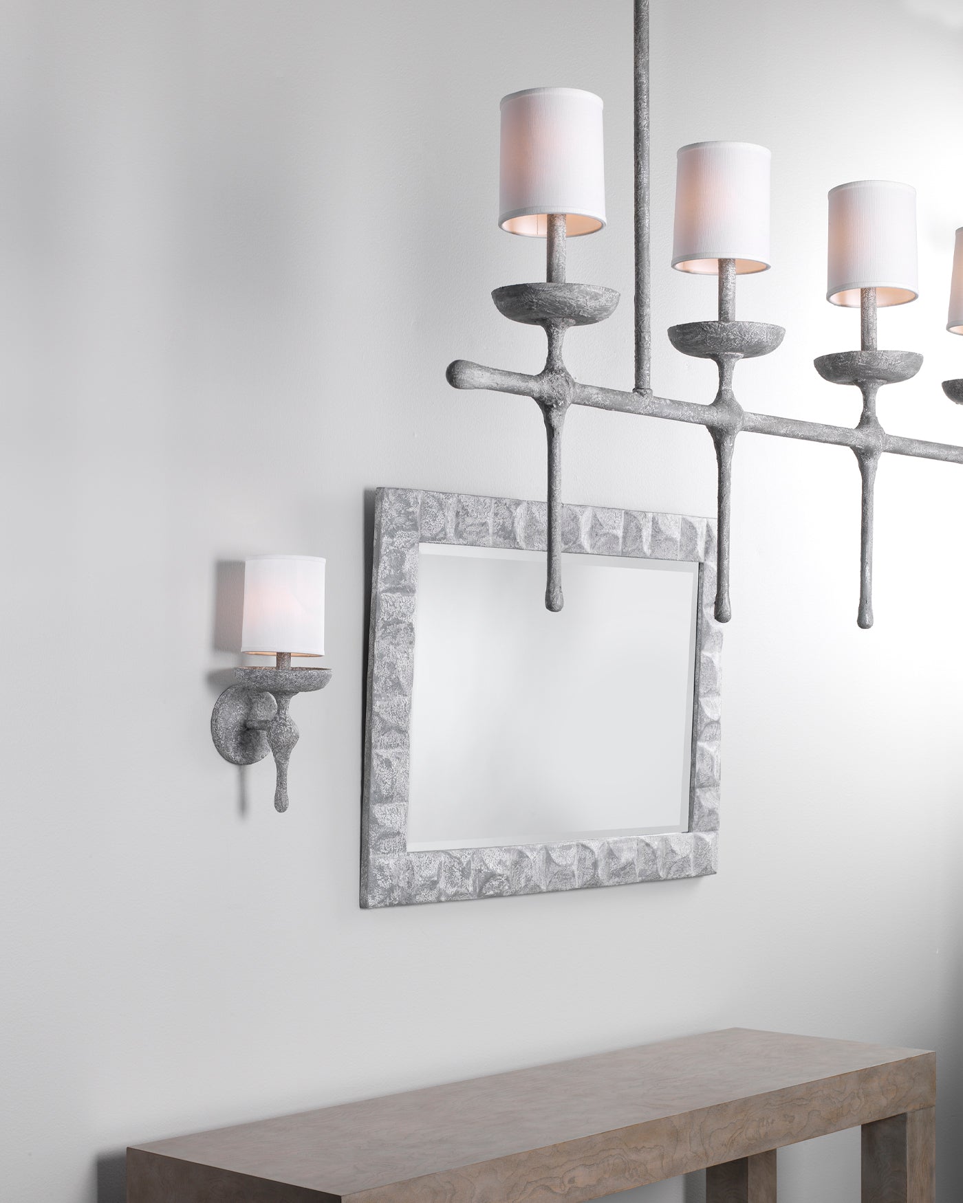 Providence 5 Light Chandelier in Grey Plaster With White Linen Shades