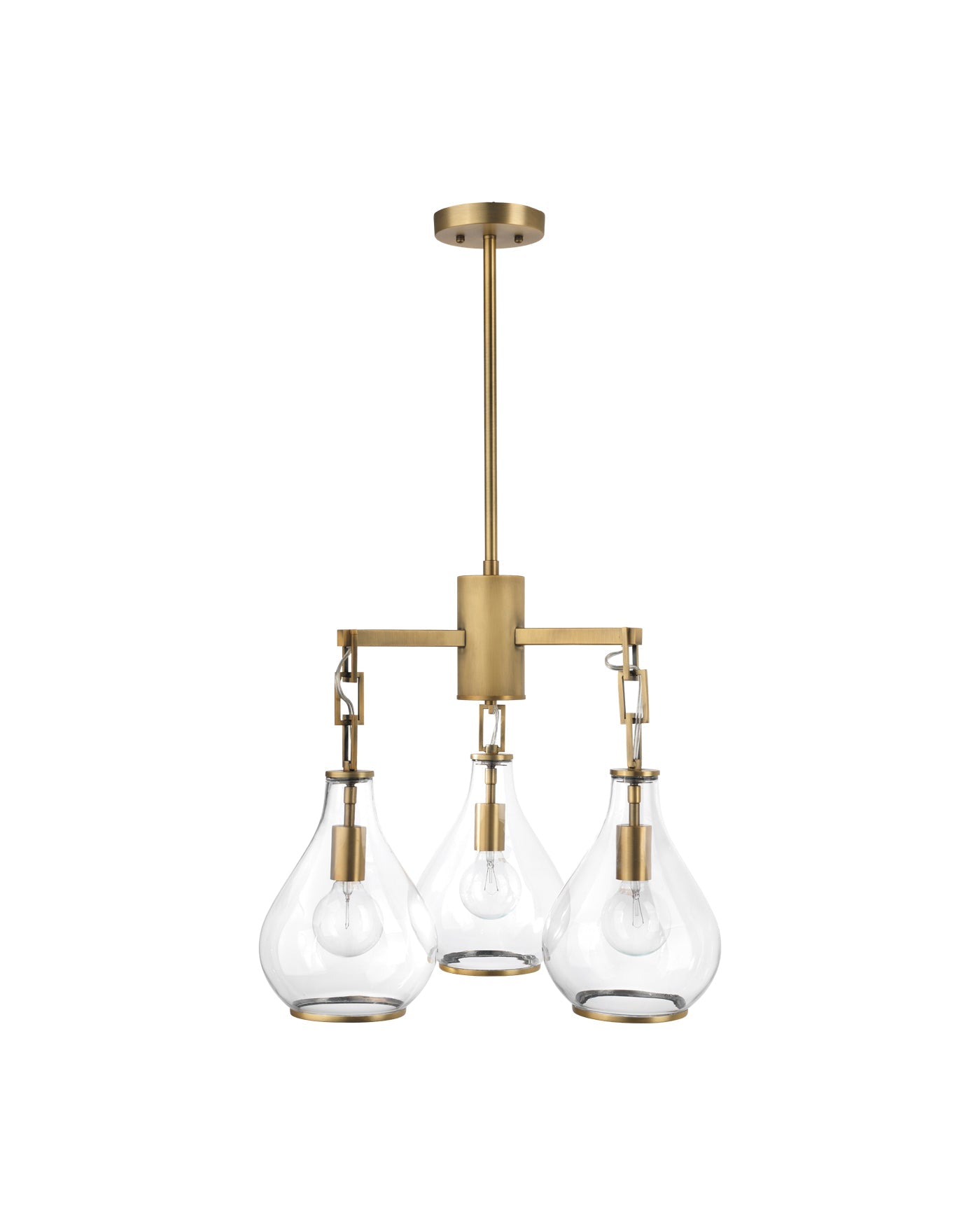 Tear Drop Three Arm Chandelier in Clear Glass & Soft Antique Brass