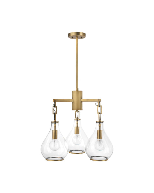 Tear Drop Three Arm Chandelier in Clear Glass & Soft Antique Brass