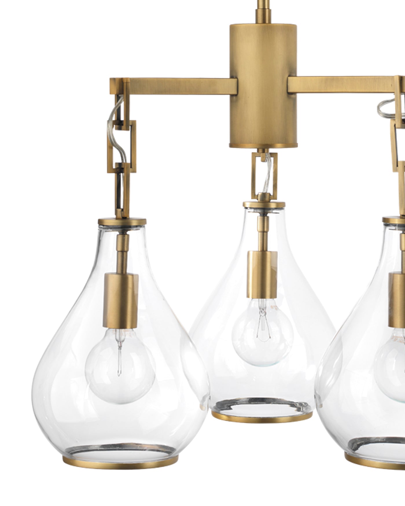Tear Drop Three Arm Chandelier in Clear Glass & Soft Antique Brass