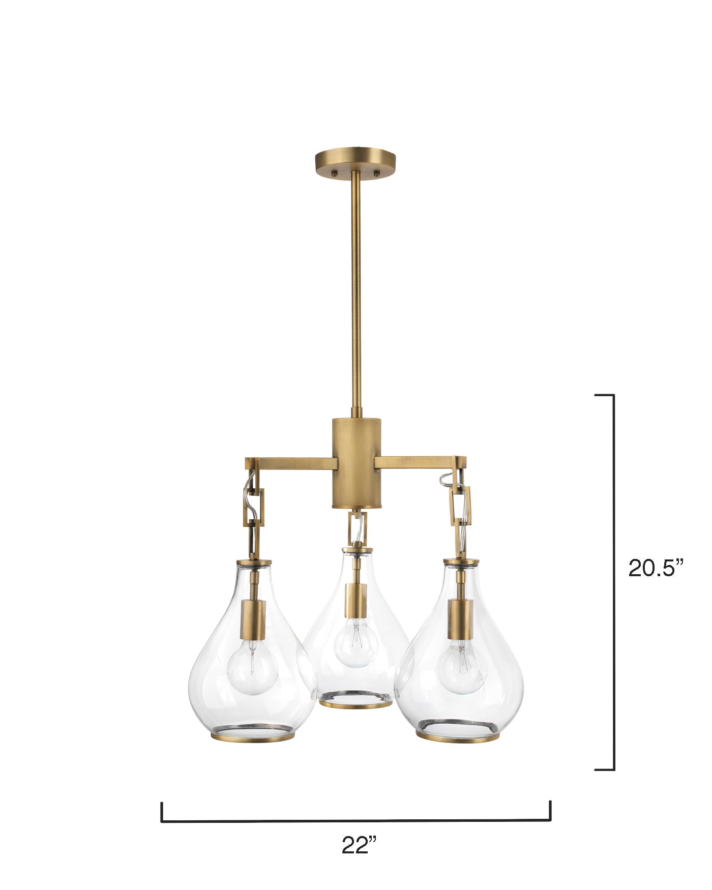 Tear Drop Three Arm Chandelier in Clear Glass & Soft Antique Brass