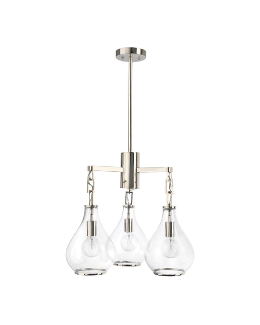 Tear Drop Three Arm Chandelier in Clear Glass & Nickel