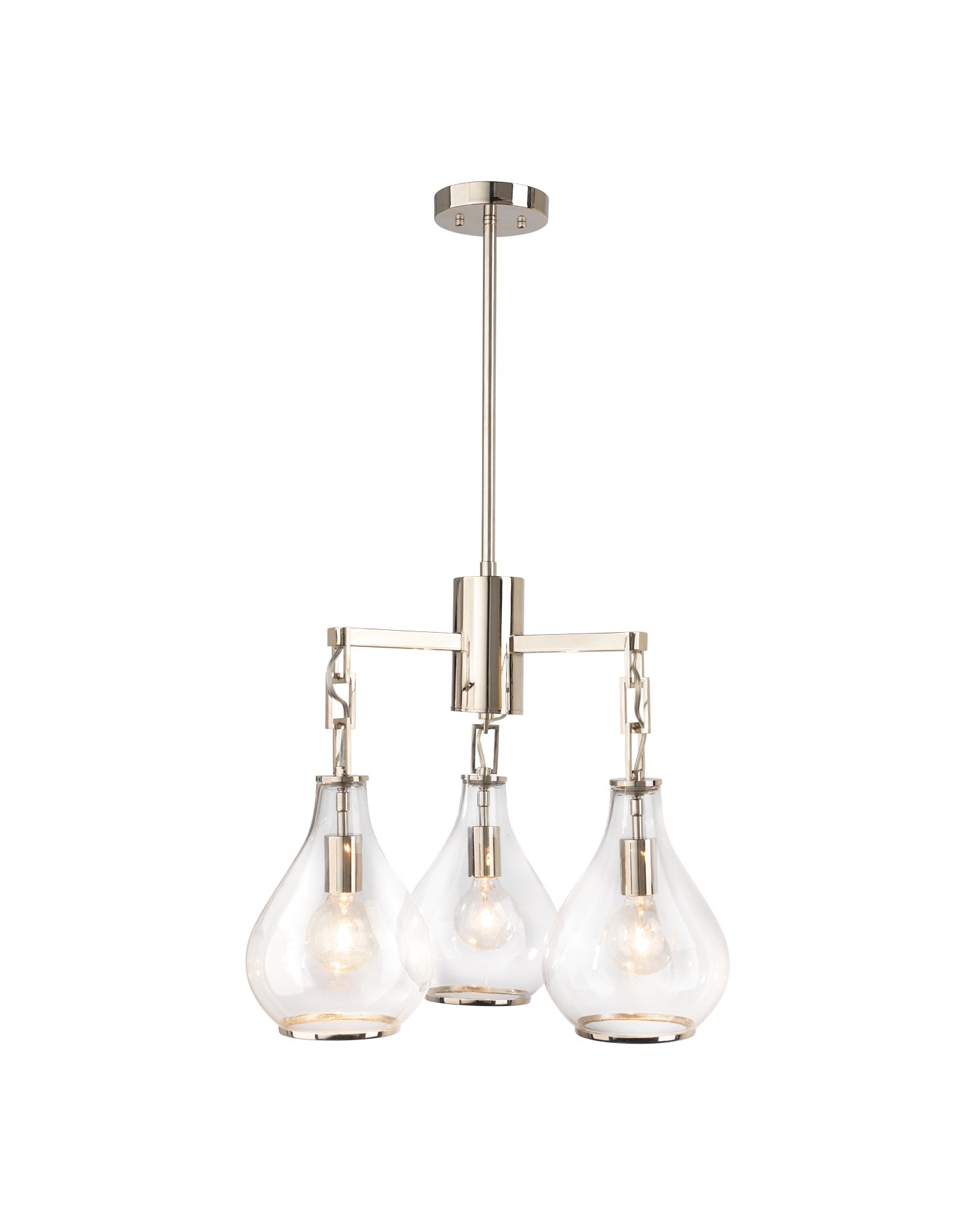 Tear Drop Three Arm Chandelier in Clear Glass & Nickel