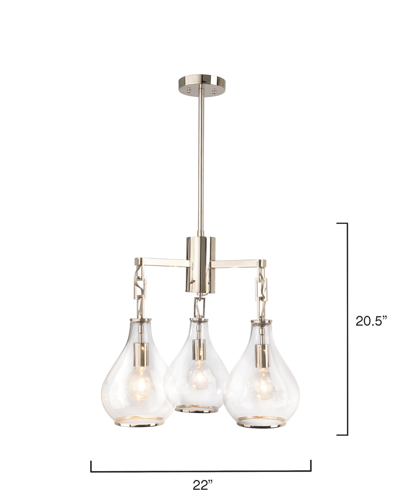 Tear Drop Three Arm Chandelier in Clear Glass & Nickel