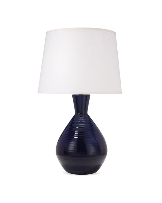 Ash Table Lamp in Navy Ceramic With Large Open Cone Shade in White Linen