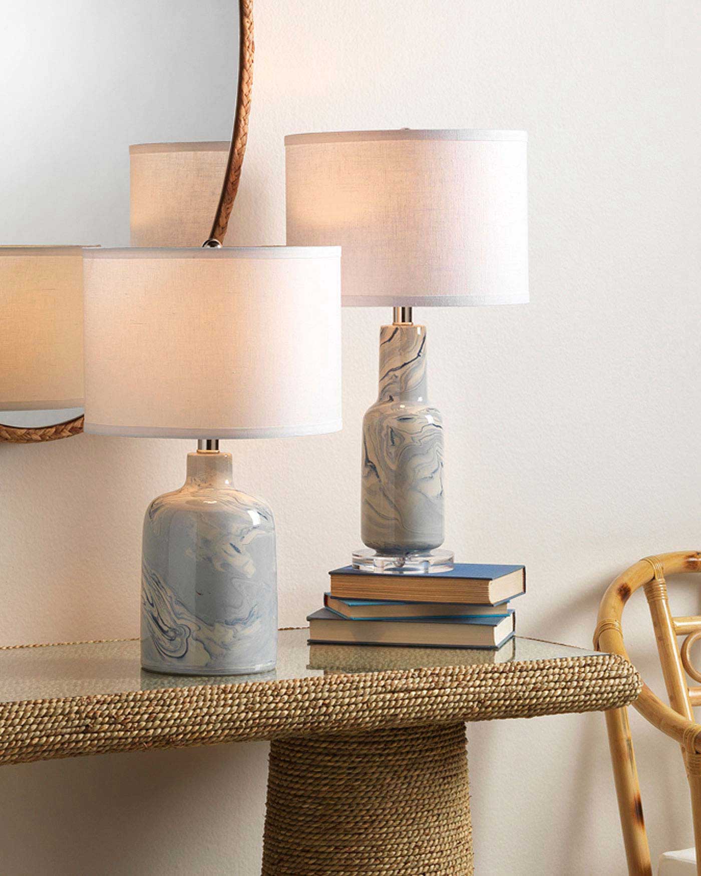 Atmosphere Table Lamp in Blue and White Ceramic With Small Drum Shade in White Linen