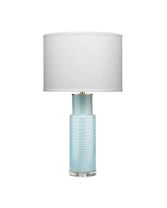 Atwater Table Lamp in Sky Blue Glass With Classic Drum Shade in White Linen