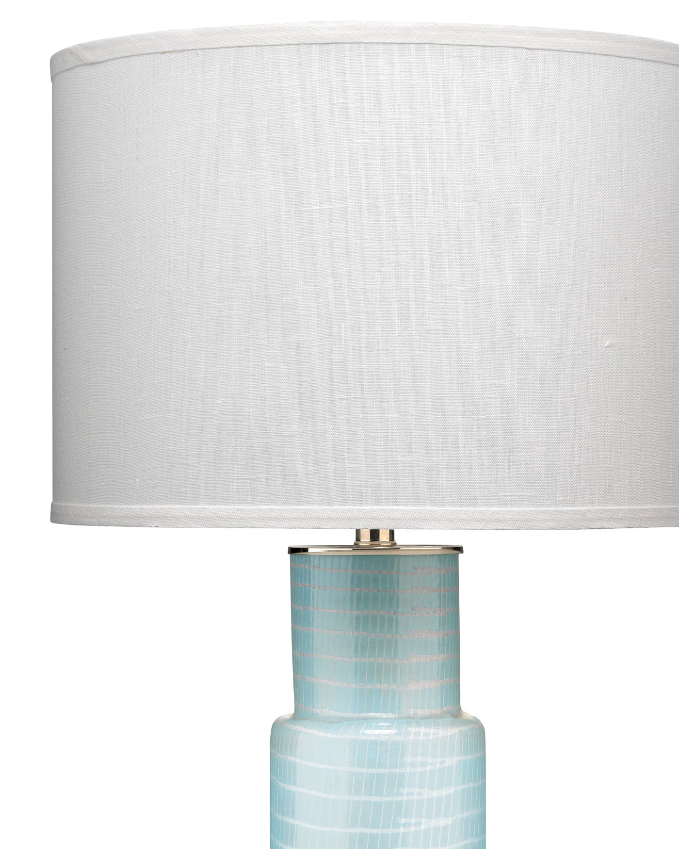 Atwater Table Lamp in Sky Blue Glass With Classic Drum Shade in White Linen