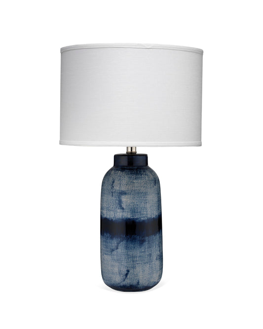 Batik Table Lamp, Large in Indigo Ceramic With Drum Shade in White Linen