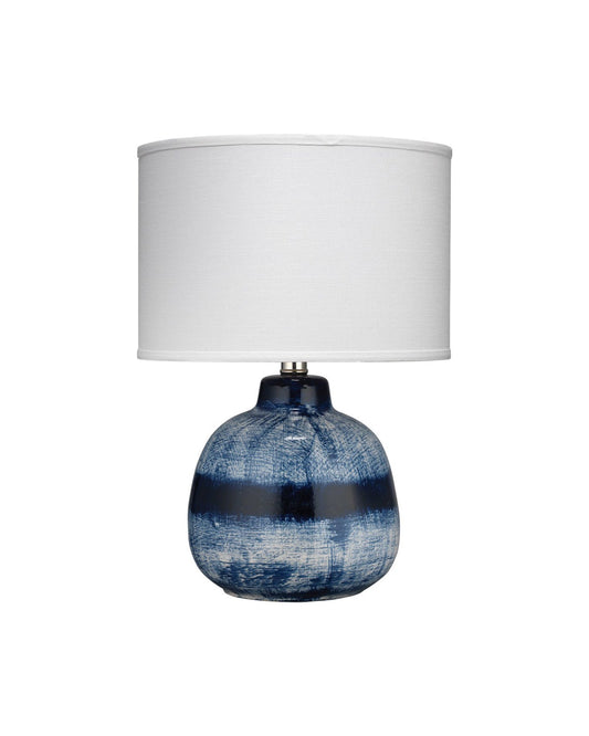 Batik Table Lamp, Small in Indigo Ceramic With Drum Shade in White Linen