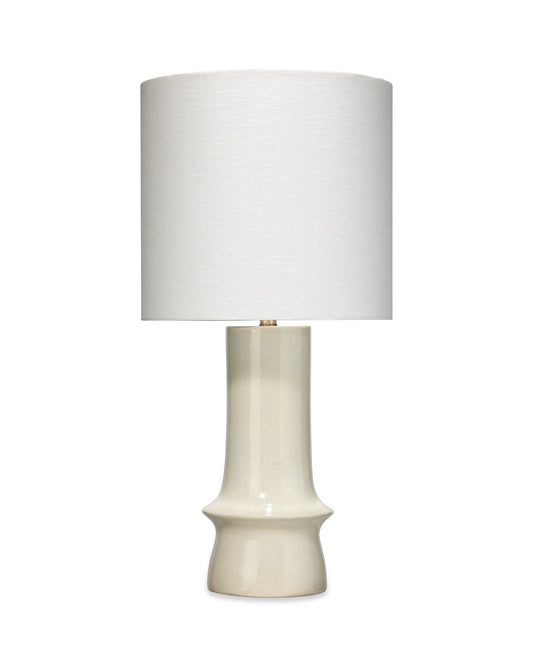 Crest Table Lamp in Eggshell Ceramic With Tall Drum Shade in Off White Linen