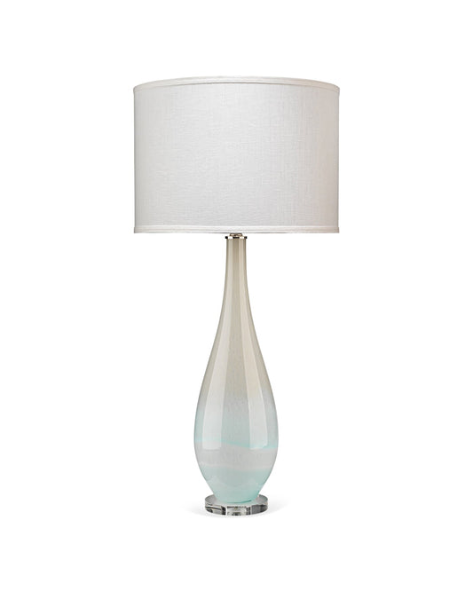 Dewdrop Table Lamp in Sky Blue Glass With Classic Drum Shade in White Linen