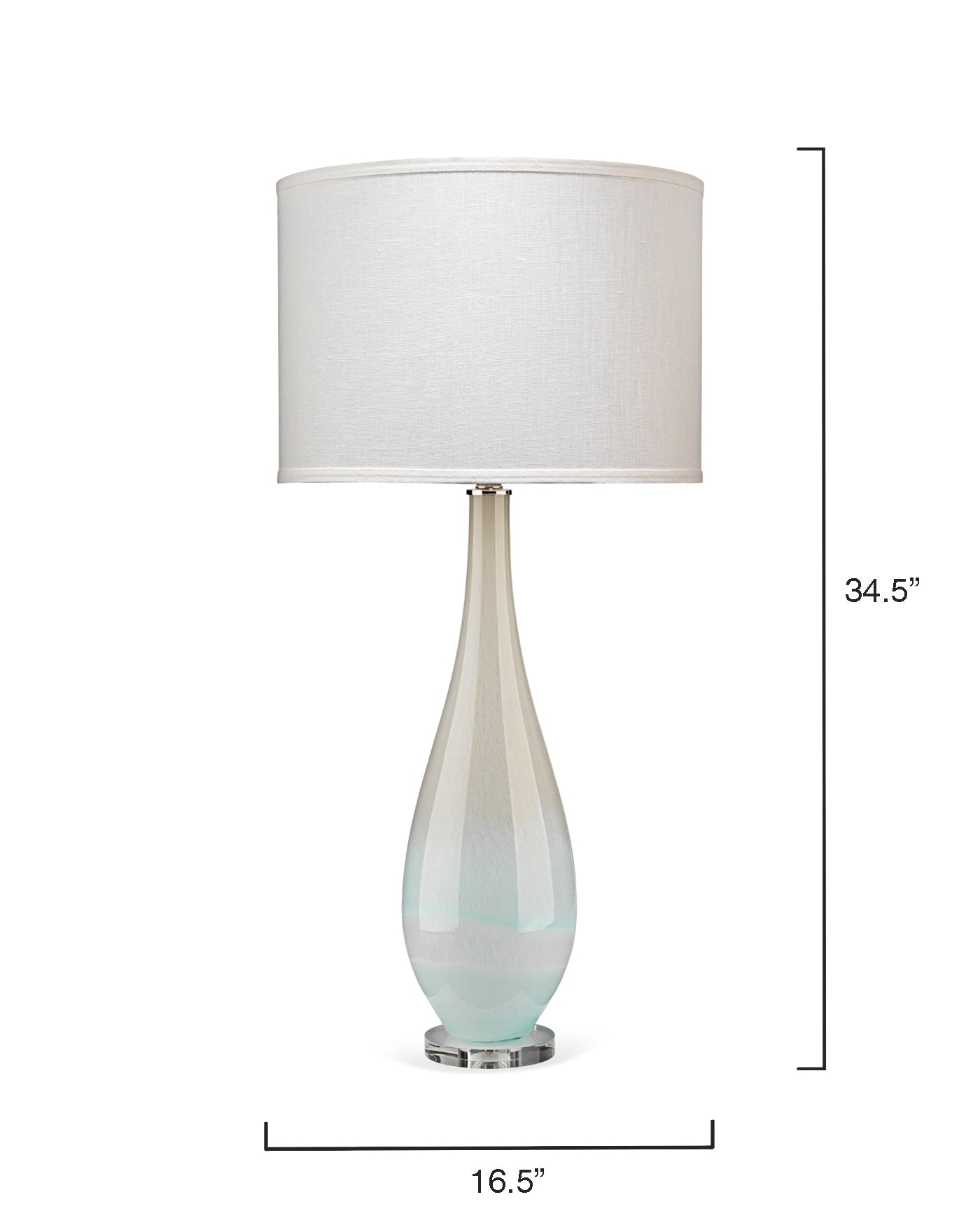 Dewdrop Table Lamp in Sky Blue Glass With Classic Drum Shade in White Linen