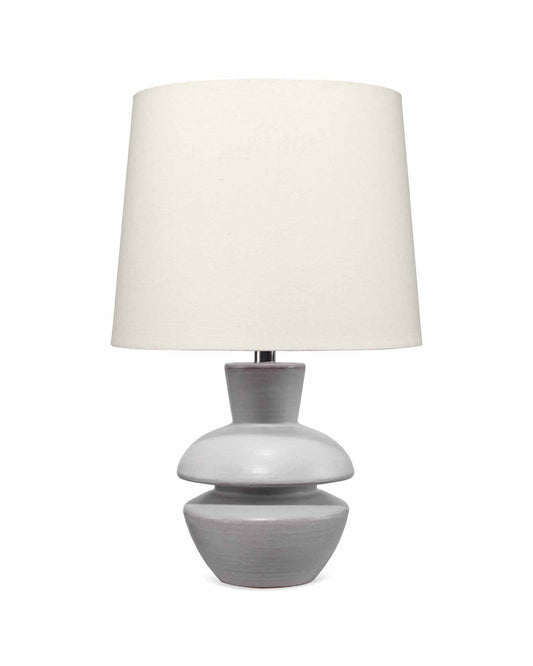 Foundation Table Lamp in Matte Frosted Grey Ceramic With Cone Shade in Off White Linen