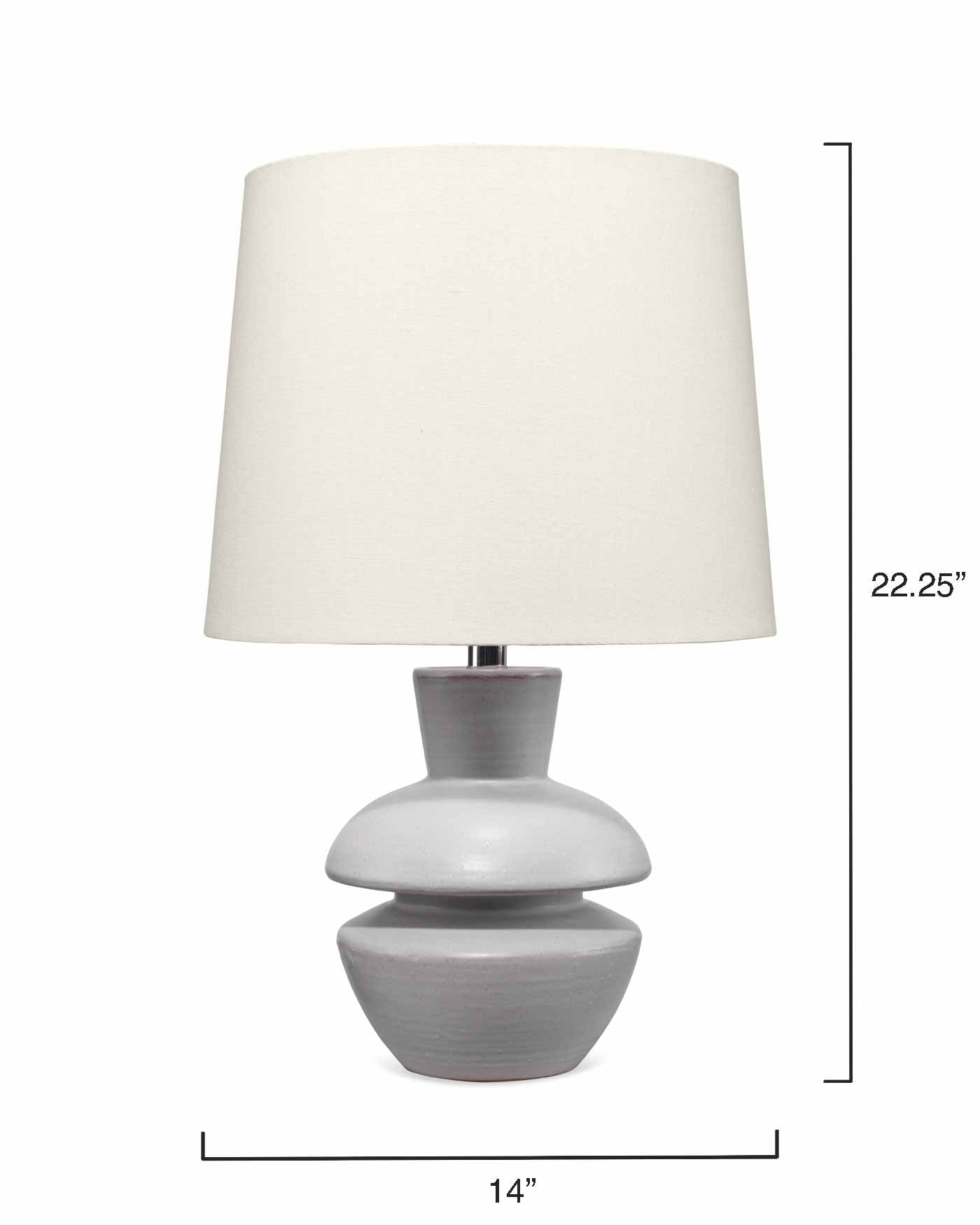 Foundation Table Lamp in Matte Frosted Grey Ceramic With Cone Shade in Off White Linen